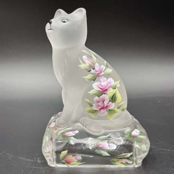 Handpainted Clear Satin Glass Cat Figurine Sitting On Pillow Paperweight Floral - Picture 2 of 11